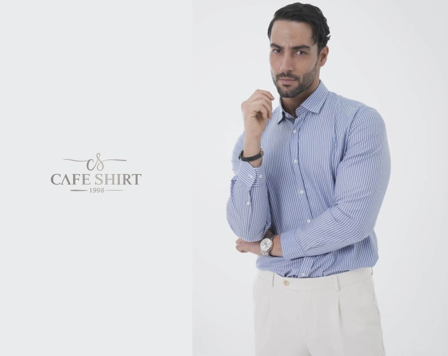 استایل تابستانی مردانه با پیراهن سفید و آبی روشن CafeShirt